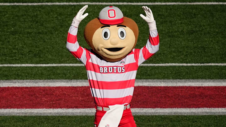Ohio State Buckeyes mascot Brutus leads the marching band onto the field prior to the NCAA football game against the Michigan Wolverines at Ohio Stadium in Columbus on Tuesday, Dec. 3, 2024.