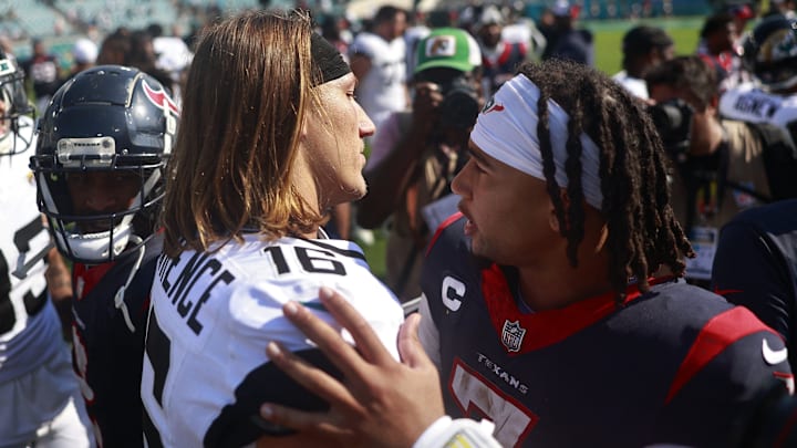 Jacksonville Jaguars quarterback Trevor Lawrence (16) and Houston Texans quarterback C.J. Stroud (7) talk after the game of an NFL football matchup Sunday, Sept. 24, 2023 at EverBank Stadium in Jacksonville, Fla. The Houston Texans defeated the Jacksonville Jaguars 37-17. [Corey Perrine/Florida Times-Union]