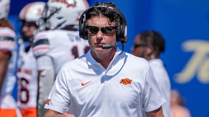 Oklahoma State head coach Mike Gundy walks off the field in the second half during an NCAA football game between Oklahoma State and Tulsa in Tulsa, Okla., on Saturday, Sept. 14, 2024. Oklahoma State head coach Mike Gundy walks off the field in the second half during an NCAA football game between Oklahoma State and Tulsa in Tulsa, Okla., on Saturday, Sept. 14, 2024.