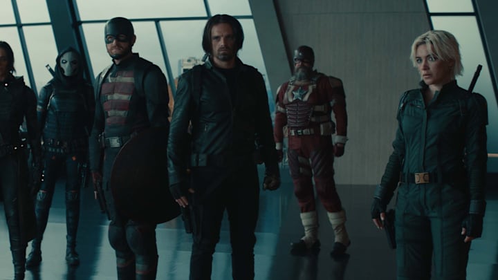 (L-R): Ghost (Hannah John-Kamen), Taskmaster (Olga Kurylenko), John Walker (Wyatt Russell), Bucky Barnes (Sebastian Stan), Alexei Shostakov/Red Guardian (David Harbour), and Yelena Belova (Florence Pugh) in Marvel Studios' THUNDERBOLTS*. Photo courtesy of Marvel Studios. © 2024 MARVEL.