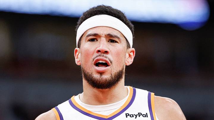 Chicago, Illinois, USA; Phoenix Suns guard Devin Booker (1) reacts during the second half at United Center on Apr 5, 2026. Chicago, Illinois, USA; Phoenix Suns guard Devin Booker (1) reacts during the second half at United Center on Apr 5, 2026.