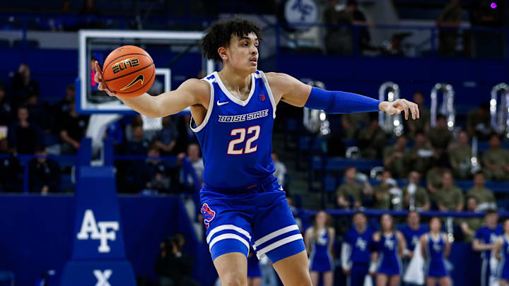 Mar 4, 2025; Colorado Springs, Colorado, USA; Boise State Broncos forward Javan Buchanan (22) controls the ball in the first half against the Air Force Falcons at Clune Arena. 
