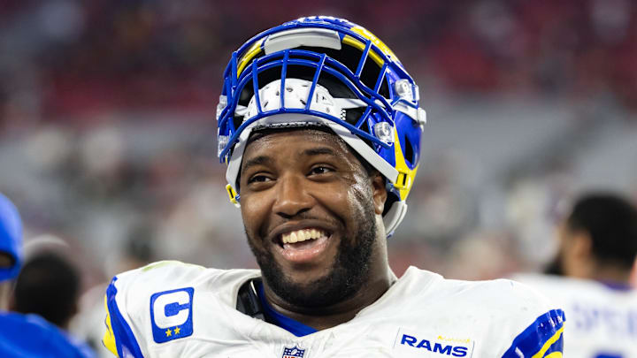 Dec 7, 2025; Glendale, Arizona, USA; Los Angeles Rams  defensive end Kobie Turner (91) against the Arizona Cardinals at State Farm Stadium. Mandatory Credit: Mark J. Rebilas-Imagn Images