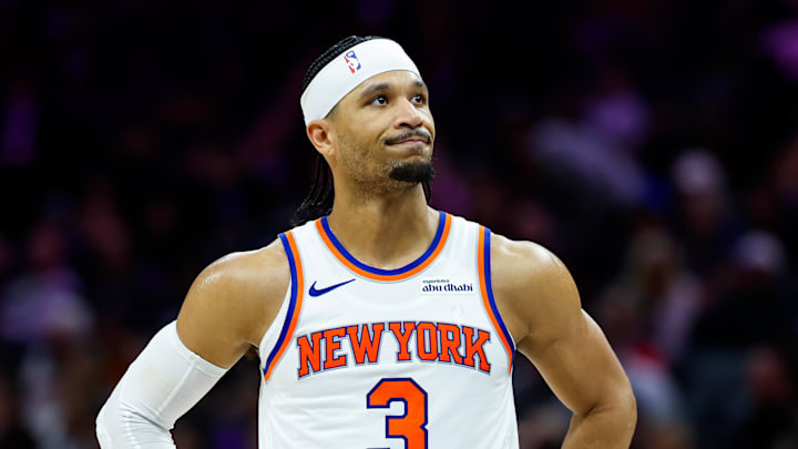 Jan 14, 2026; Sacramento, California, USA; New York Knicks guard Josh Hart (3) reacts after a play during the third quarter against the Sacramento Kings at Golden 1 Center. Mandatory Credit: Sergio Estrada-Imagn Images