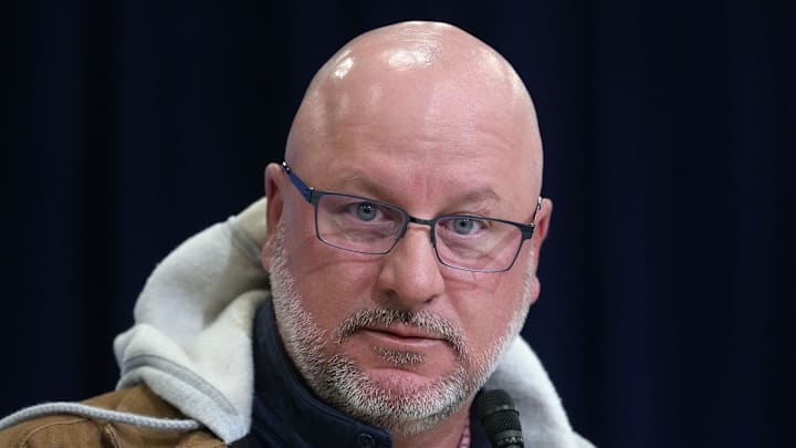 Feb 24, 2026; Indianapolis, IN, USA; Los Angeles Chargers general manager Joe Hortiz speaks at the NFL Scouting Combine at the Indiana Convention Center. Mandatory Credit: Kirby Lee-Imagn Images