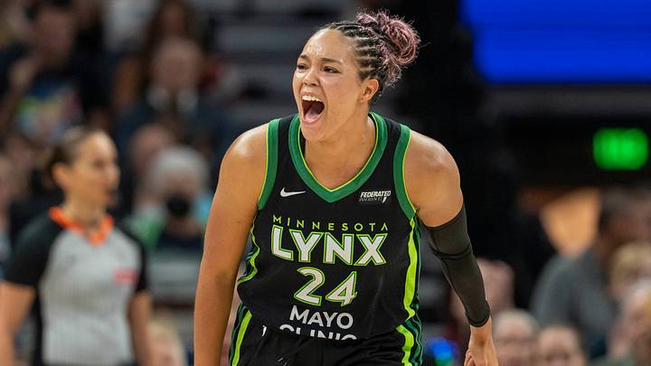 Sep 14, 2025; Minneapolis, Minnesota, USA; Minnesota Lynx forward Napheesa Collier (24) celebrates making a shot against the Golden State Valkyries in the second half during game one of round one for the 2025 WNBA Playoffs at Target Center. Mandatory Credit: Jesse Johnson-Imagn Images Sep 14, 2025; Minneapolis, Minnesota, USA; Minnesota Lynx forward Napheesa Collier (24) celebrates making a shot against the Golden State Valkyries in the second half during game one of round one for the 2025 WNBA Playoffs at Target Center. Mandatory Credit: Jesse Johnson-Imagn Images