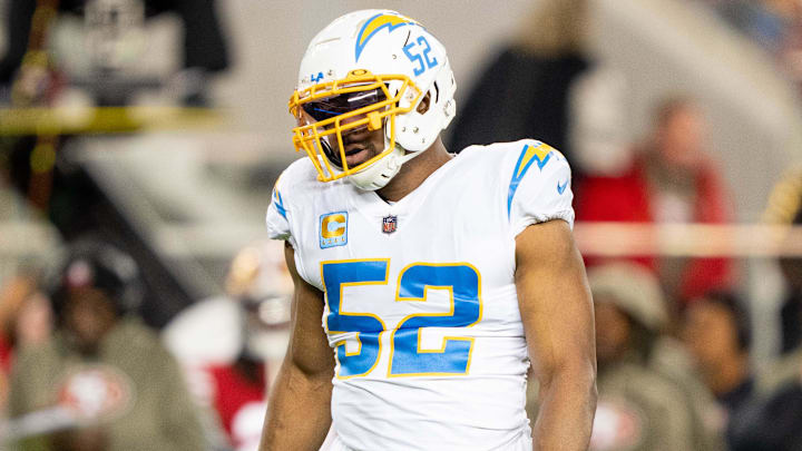 November 13, 2022; Santa Clara, California, USA; Los Angeles Chargers linebacker Khalil Mack (52) during the second quarter against the San Francisco 49ers at Levi's Stadium. Mandatory Credit: Kyle Terada-Imagn Images