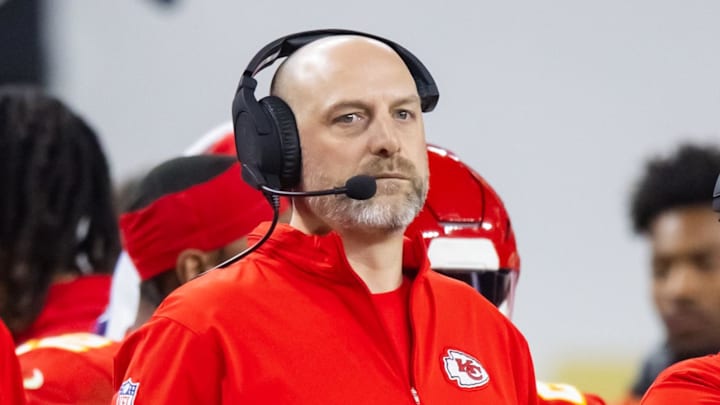 Feb 11, 2024; Paradise, Nevada, USA; Kansas City Chiefs offensive coordinator Matt Nagy against the San Francisco 49ers in Super Bowl LVIII at Allegiant Stadium. Mandatory Credit: Mark J. Rebilas-USA TODAY Sports