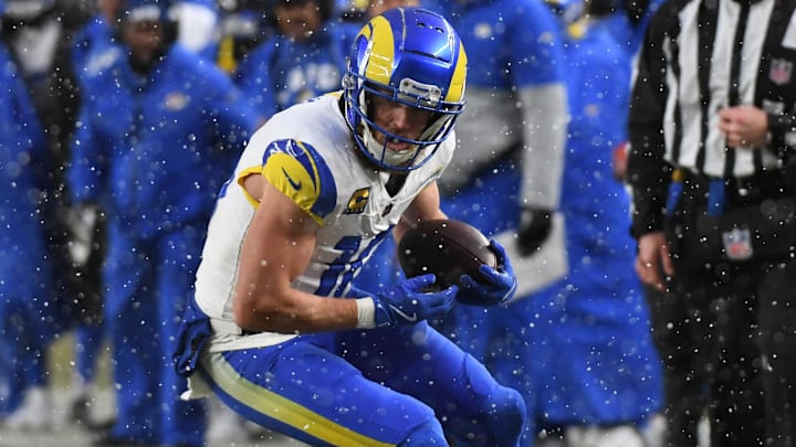 Jan 19, 2025; Philadelphia, Pennsylvania, USA; Los Angeles Rams wide receiver Cooper Kupp (10) catches a pass against the Philadelphia Eagles in the first half in a 2025 NFC divisional round game at Lincoln Financial Field. Mandatory Credit: Eric Hartline-Imagn Images