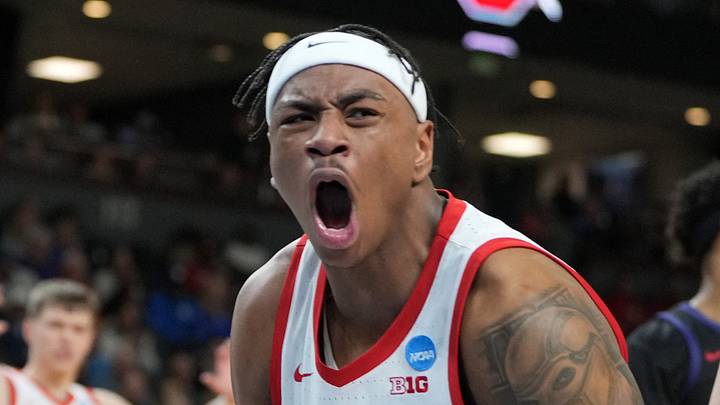 Mar 19, 2026; Greenville, SC, USA; Ohio State Buckeyes forward Amare Bynum (1) reacts against the Texas Christian University Horned Frogs in the second half during a first round game of the men's 2026 NCAA Tournament at Bon Secours Wellness Arena. Mandatory Credit: Bob Donnan-Imagn Images Mar 19, 2026; Greenville, SC, USA; Ohio State Buckeyes forward Amare Bynum (1) reacts against the Texas Christian University Horned Frogs in the second half during a first round game of the men's 2026 NCAA Tournament at Bon Secours Wellness Arena. Mandatory Credit: Bob Donnan-Imagn Images