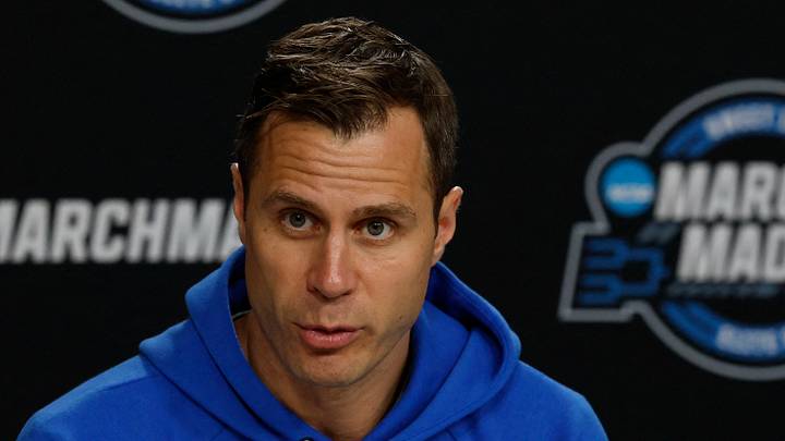 Mar 26, 2026; Washington, DC, USA; Duke Blue Devils head coach Jon Scheyer speaks with the media during a press conference ahead of the east regional of the men's 2026 NCAA Tournament at Capital One Arena. Mandatory Credit: Geoff Burke-Imagn Images