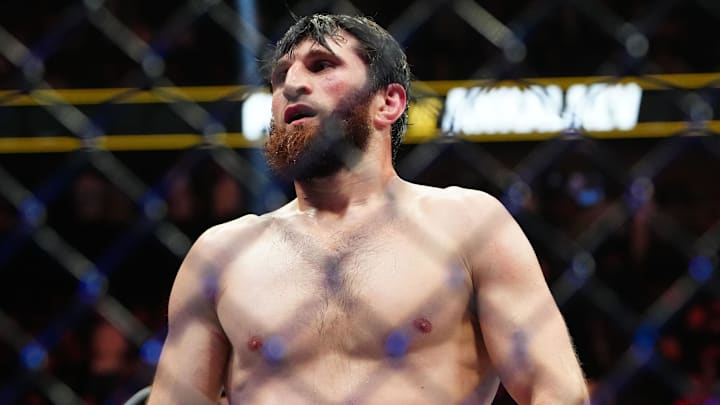 Mar 8, 2025; Las Vegas, Nevada, USA; Magomed Ankalaev (blue gloves) reacts after the fight with Alex Pereira (not pictured) during UFC 313 at T-Mobile Arena. Mandatory Credit: Stephen R. Sylvanie-Imagn Images Mar 8, 2025; Las Vegas, Nevada, USA; Magomed Ankalaev (blue gloves) reacts after the fight with Alex Pereira (not pictured) during UFC 313 at T-Mobile Arena. Mandatory Credit: Stephen R. Sylvanie-Imagn Images
