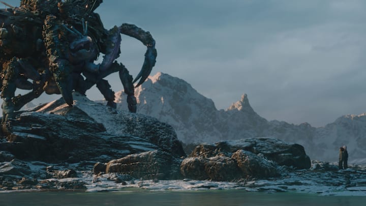 (L-R) Monster Trash Crab, WIm (Ravi Cabot-Conyers) and KB (Kyriana Kratter) in Lucasfilm’s STAR WARS: SKELETON CREW, exclusively on Disney+. Photo courtesy of Lucasfilm. ©2024 Lucasfilm Ltd. & TM. All Rights Reserved.