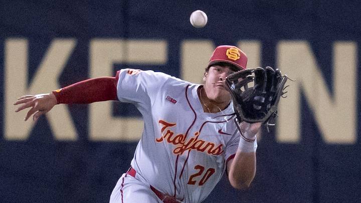 Isaac Cadena makes a catch to clinch the Trojans' win in extra innings as the Oregon Ducks host the USC Trojans on May 14, 2026, in Eugene, Oregon. Isaac Cadena makes a catch to clinch the Trojans' win in extra innings as the Oregon Ducks host the USC Trojans on May 14, 2026, in Eugene, Oregon.