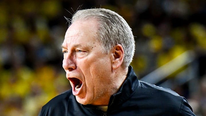 Michigan State's head coach Tom Izzo calls out to players during the second half in the game against Michigan on Sunday, March 8, 2026, at the Crisler Center in Ann Arbor.