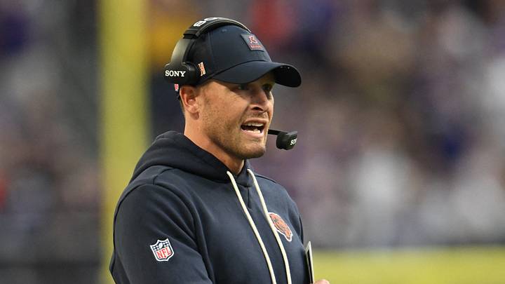 Nov 16, 2025; Minneapolis, Minnesota, USA;  Chicago Bears head coach Ben Johnson stands on the sidelines during the fourth quarter against the Minnesota Vikings at U.S. Bank Stadium. Mandatory Credit: Jeffrey Becker-Imagn Images