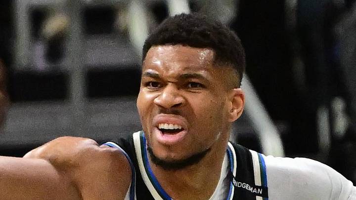 Milwaukee Bucks forward Giannis Antetokounmpo (34) reacts in the second quarter against the New Orleans Pelicans at Fiserv Forum on April 10, 2025.