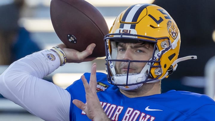 LSU quarterback Garrett Nussmeier throws a pass during Senior Bowl practice.