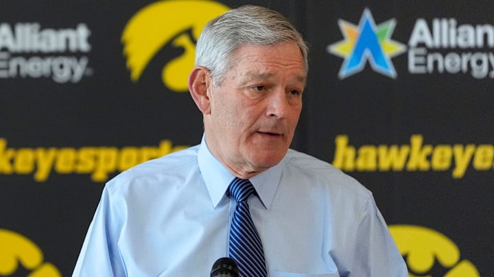 Iowa head football coach Kirk Ferentz gives team updates during a press conference as spring training begins Wednesday, March 26, 2025 in Iowa City, Iowa.