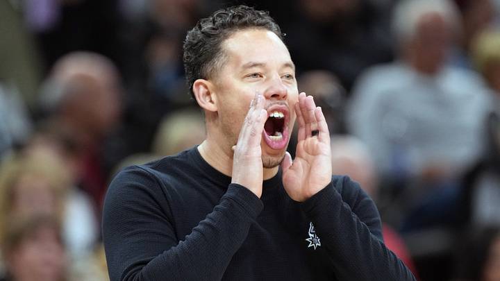Apr 6, 2026; San Antonio, Texas, USA; San Antonio Spurs head coach Mitch Johnson yells out to players during the second half against the Philadelphia 76ers at Frost Bank Center. Mandatory Credit: Scott Wachter-Imagn Images