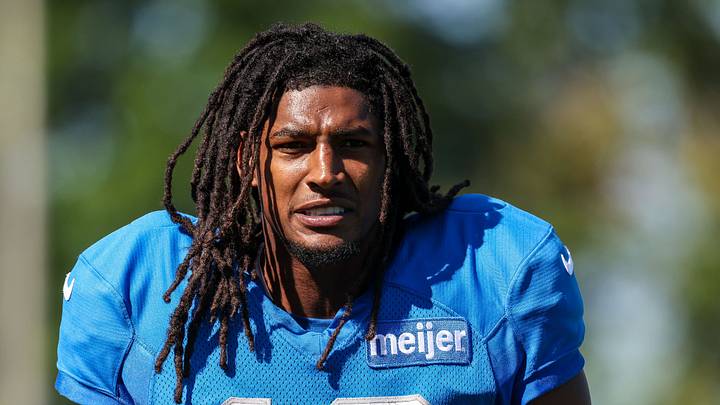Detroit Lions running back Isiah Pacheco (10) walks off the field following training camp practice.