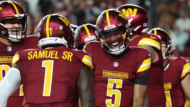 Washington Commanders quarterback Jayden Daniels (5).