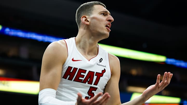 Miami Heat forward Nikola Jovic (5) reacts (Mandatory Credit: Sergio Estrada-Imagn Images) Miami Heat forward Nikola Jovic (5) reacts (Mandatory Credit: Sergio Estrada-Imagn Images)