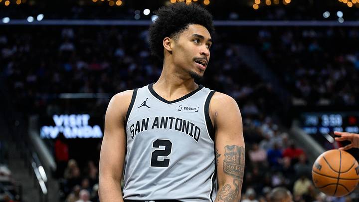 Apr 2, 2026; Inglewood, California, USA; San Antonio Spurs guard Dylan Harper (2) reacts after scoring during the second half against the Los Angeles Clippers at Intuit Dome. Mandatory Credit: William Liang-Imagn Images