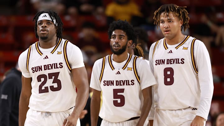 Jan 3, 2026; Tempe, Arizona, USA; Arizona State Sun Devils forward Allen Mukeba (23), guard Maurice Odum (5) and forward Marcus Adams Jr. (8) against the Colorado Buffaloes at Desert Financial Arena. Mandatory Credit: Mark J. Rebilas-Imagn Images Jan 3, 2026; Tempe, Arizona, USA; Arizona State Sun Devils forward Allen Mukeba (23), guard Maurice Odum (5) and forward Marcus Adams Jr. (8) against the Colorado Buffaloes at Desert Financial Arena. Mandatory Credit: Mark J. Rebilas-Imagn Images