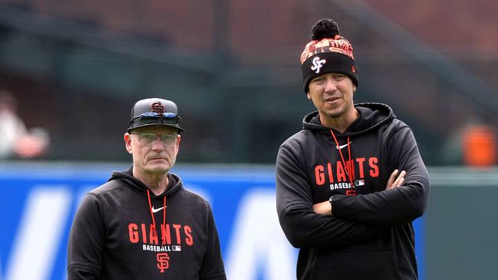 San Francisco, California, USA; San Francisco Giants director of pitching Frank Anderson (left) and pitching coach Justin Meccage (right) before the game against the Chicago White Sox at Oracle Park. Mandatory Credit: Darren Yamashita-Imagn Images