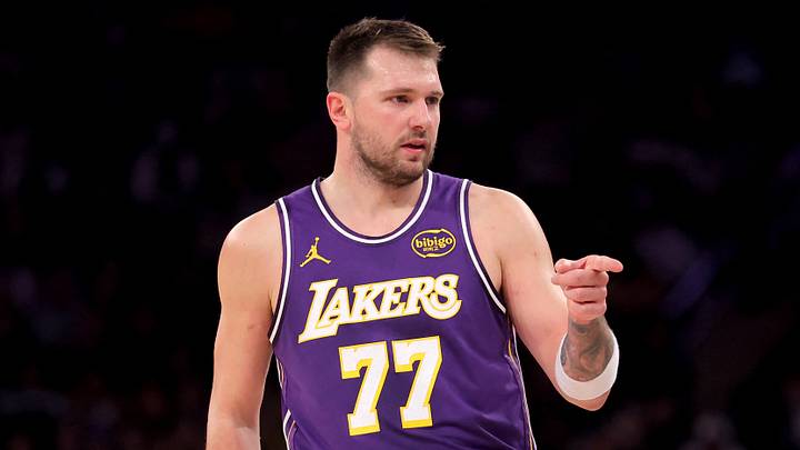 Feb 1, 2026; New York, New York, USA; Los Angeles Lakers guard Luka Doncic (77) points in the direction of Knicks fan Spike Lee (not pictured) after a three point shot against the New York Knicks during the third quarter at Madison Square Garden. Mandatory Credit: Brad Penner-Imagn Images Feb 1, 2026; New York, New York, USA; Los Angeles Lakers guard Luka Doncic (77) points in the direction of Knicks fan Spike Lee (not pictured) after a three point shot against the New York Knicks during the third quarter at Madison Square Garden. Mandatory Credit: Brad Penner-Imagn Images