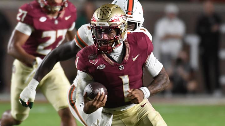 Oct 4, 2025; Tallahassee, Florida, USA; Florida State Seminoles quarterback Tommy Castellanos (1) scrambles during the second half against the Miami Hurricanes at Doak S. Campbell Stadium. Mandatory Credit: Robert Myers-Imagn Images Oct 4, 2025; Tallahassee, Florida, USA; Florida State Seminoles quarterback Tommy Castellanos (1) scrambles during the second half against the Miami Hurricanes at Doak S. Campbell Stadium. Mandatory Credit: Robert Myers-Imagn Images