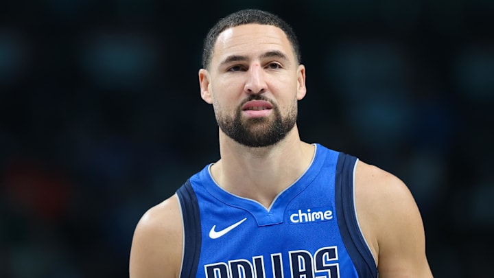 Nov 5, 2025; Dallas, Texas, USA;  Dallas Mavericks guard Klay Thompson (31) reacts against the New Orleans Pelicans during the first quarter at American Airlines Center. Mandatory Credit: Kevin Jairaj-Imagn Images