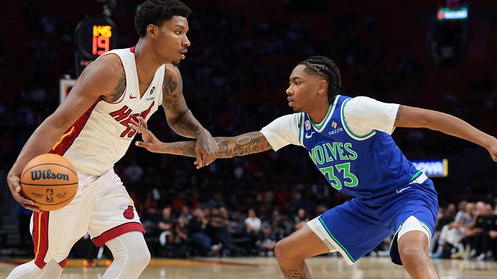 Oct 21, 2026; Miami, Florida, USA; Miami Heat forward Myron Gardner (15) drives to the basket against Minnesota Timberwolves forward Isaiah Evans (33) during the fourth quarter at Kaseya Center. Mandatory Credit: Sam Navarro-Imagn Images Oct 21, 2026; Miami, Florida, USA; Miami Heat forward Myron Gardner (15) drives to the basket against Minnesota Timberwolves forward Isaiah Evans (33) during the fourth quarter at Kaseya Center. Mandatory Credit: Sam Navarro-Imagn Images