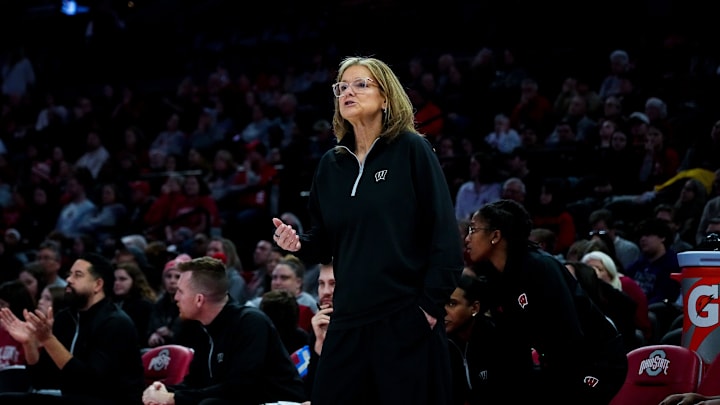 Wisconsin Badgers head coach Robin Pingeton reacts in the first half of the NCAA basketball game at Value City Arena on Thursday, Jan. 29, 2026 in Columbus, Ohio. Wisconsin Badgers head coach Robin Pingeton reacts in the first half of the NCAA basketball game at Value City Arena on Thursday, Jan. 29, 2026 in Columbus, Ohio.