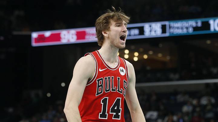 Mar 28, 2026; Memphis, Tennessee, USA; Chicago Bulls forward Matas Buzelis (14) reacts during the fourth quarter against the Memphis Grizzlies at FedExForum. Mandatory Credit: Petre Thomas-Imagn Images