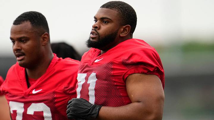 Ohio State Buckeyes offensive lineman Jayvon McFadden (71) and offensive lineman Deontae Armstrong (72) run during the first football practice of the season at the Woody Hayes Athletic Center on July 31, 2025. Ohio State Buckeyes offensive lineman Jayvon McFadden (71) and offensive lineman Deontae Armstrong (72) run during the first football practice of the season at the Woody Hayes Athletic Center on July 31, 2025.
