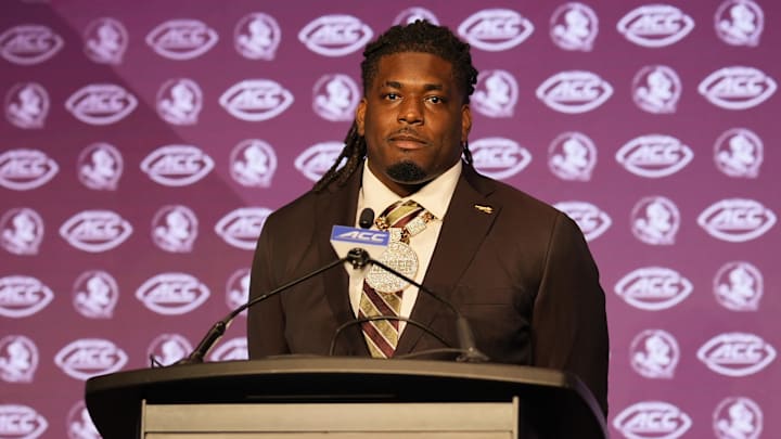 Jul 22, 2024; Charlotte, NC, USA; Florida State defensive tackle Joshua Farmer speaks to the media during ACC Kickoff at Hilton Charlotte Uptown. Mandatory Credit: Jim Dedmon-Imagn Images