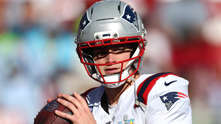 Feb 8, 2026; Santa Clara, CA, USA; New England Patriots quarterback Drake Maye (10) warms up before Super Bowl LX against the Seattle Seahawks at Levi's Stadium. Mandatory Credit: Mark J. Rebilas-Imagn Images