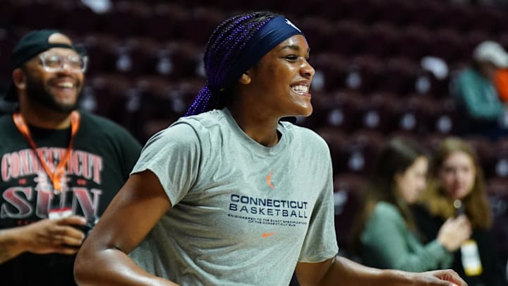 Sep 1, 2025; Uncasville, Connecticut, USA; Connecticut Sun forward Aaliyah Edwards (8) warms up before the start of the game against the Atlanta Dream at Mohegan Sun Arena. Mandatory Credit: David Butler II-Imagn Images
