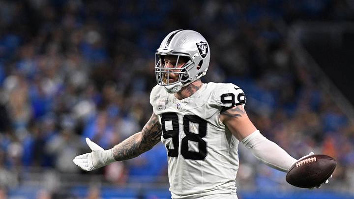 Oct 30, 2023; Detroit, Michigan, USA; Las Vegas Raiders defensive end Maxx Crosby (98) waits for a referee call for on a fumble recovery near the goal line against the Detroit Lions in the third quarter at Ford Field. Mandatory Credit: Lon Horwedel-Imagn Images
