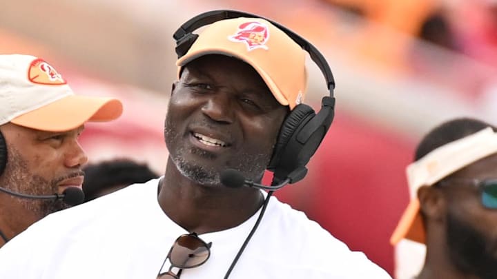 Oct 27, 2024; Tampa, Florida, USA; Tampa Bay Buccaneers head coach Todd Bowles reacts  in the second half against the Atlanta Falcons at Raymond James Stadium. Mandatory Credit: Jonathan Dyer-Imagn Images