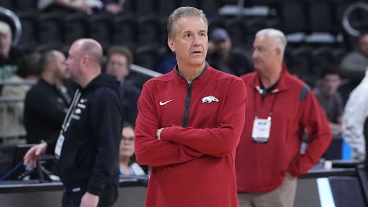 Arkansas Razorbacks coach John Calipari watches his team practice during the First Round Practice Session at Amica Mutual Pavilion. Arkansas Razorbacks coach John Calipari watches his team practice during the First Round Practice Session at Amica Mutual Pavilion.