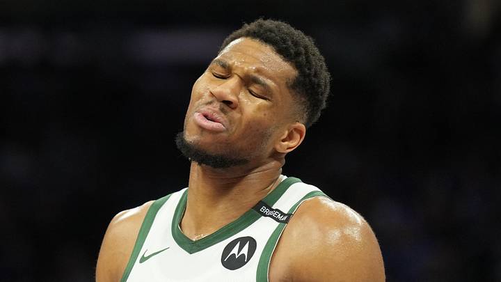 Milwaukee Bucks forward Giannis Antetokounmpo (34) reacts during the third quarter against the Sacramento Kings at Golden 1 Center on March 22, 2025. Milwaukee Bucks forward Giannis Antetokounmpo (34) reacts during the third quarter against the Sacramento Kings at Golden 1 Center on March 22, 2025.