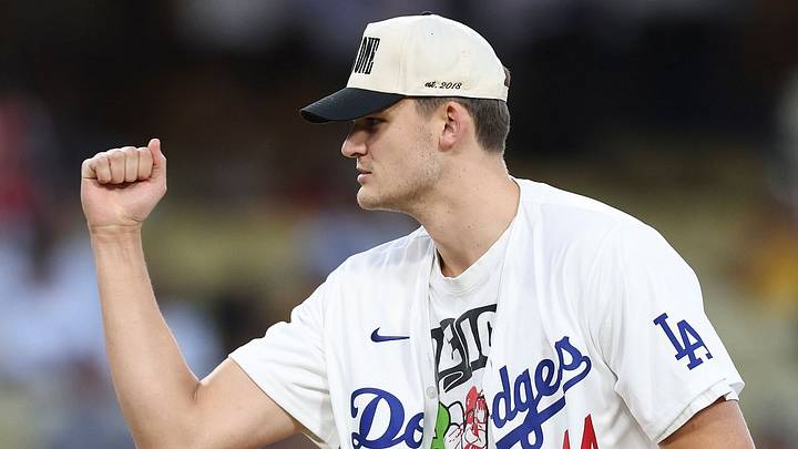 LOS ANGELES, CALIFORNIA - SEPTEMBER 3: Walker Kessler #14 of the Los Angeles Lakers reacts after throwing the ceremonial pitch prior to the game between the St. Louis Cardinals and the Los Angeles Dodgers at Dodger Stadium on September 3, 2026 in Los Angeles, California. (Photo by Melina Pizano/Getty Images)
