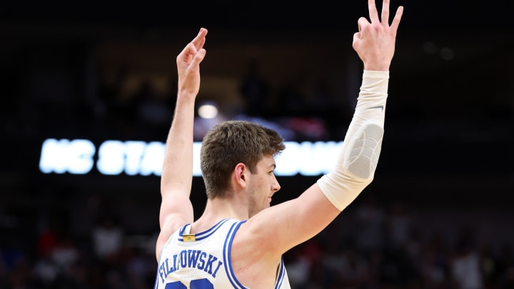 Mar 31, 2024; Dallas, TX, USA; Duke Blue Devils center Kyle Filipowski (30) reacts in the first half against the North Carolina State Wolfpack in the finals of the South Regional of the 2024 NCAA Tournament at American Airline Center. Mandatory Credit: Tim Heitman-USA TODAY Sports Mar 31, 2024; Dallas, TX, USA; Duke Blue Devils center Kyle Filipowski (30) reacts in the first half against the North Carolina State Wolfpack in the finals of the South Regional of the 2024 NCAA Tournament at American Airline Center. Mandatory Credit: Tim Heitman-USA TODAY Sports