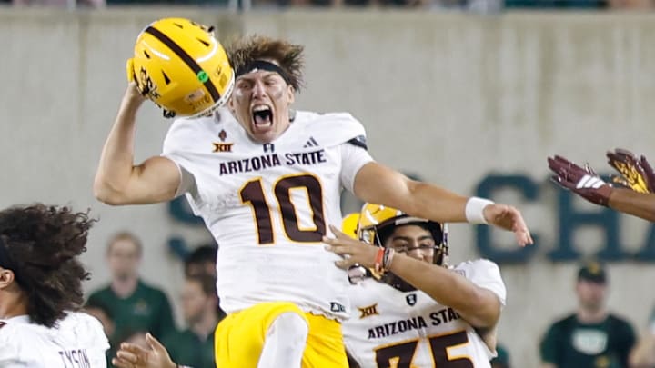 Sep 20, 2025; Waco, Texas, USA; Arizona State Sun Devils quarterback Sam Leavitt (10) reacts after the Arizona State Sun Devils defeat the Baylor Bears 27-24 at McLane Stadium. Mandatory Credit: Chris Jones-Imagn Images