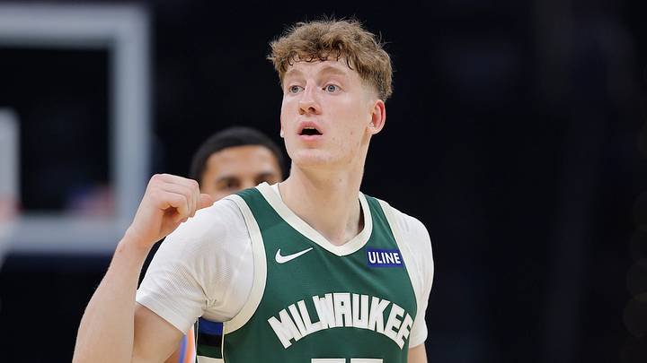 Milwaukee Bucks guard Kasparas Jakucionis (25) gestures towards his team bench before a play against the Oklahoma City Thunder during the first half of a preseason game at Paycom Center on October 7, 2026.