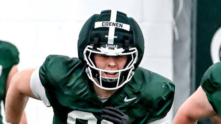 From left, Michigan State's Keahnist Thompson, Eli Coenen, Hudson Aultman and Chris Piwowarczyk run a drill during spring football practice on Tuesday, March 24, 2026, in East Lansing.