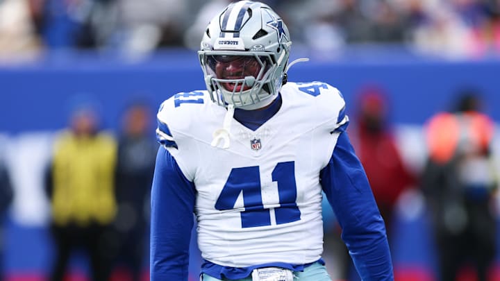 Dallas Cowboys defensive end Donovan Ezeiruaku celebrates after a play during the first quarter against the New York Giants.